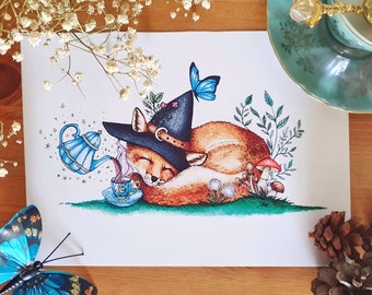 Witch fox, tea time, nature, fox Watercolour Painting, Watercolour Print, Wildlife Art, Animals, illustration A5.