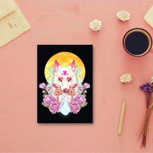 May include: A white wolf with pink markings and a heart on its forehead is surrounded by pink flowers and a glowing blue orb. The wolf is in front of a yellow moon on a black background.