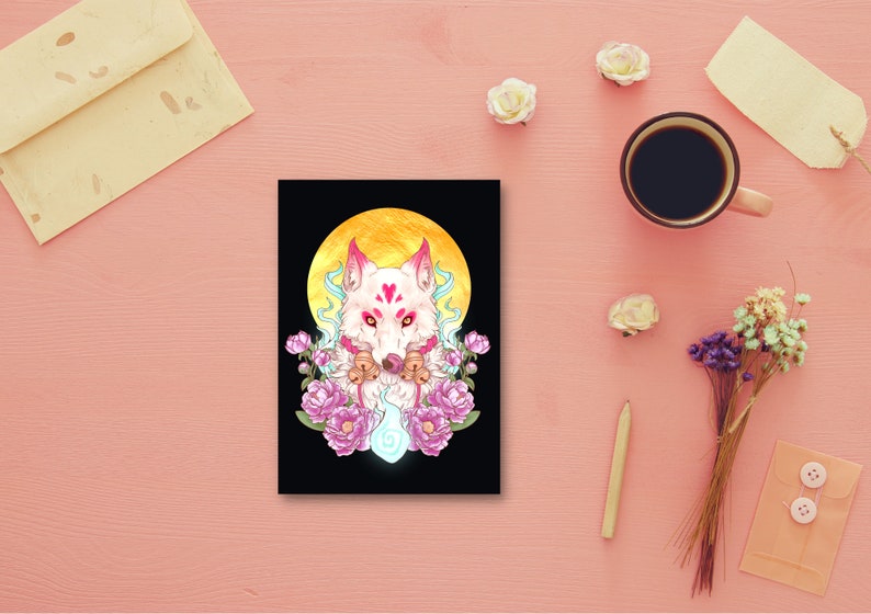 May include: A white wolf with pink markings and a heart on its forehead is surrounded by pink flowers and a glowing blue orb. The wolf is in front of a yellow moon on a black background.