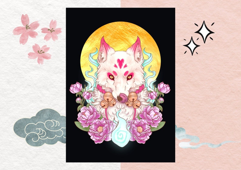 May include: A white wolf with pink accents and a glowing blue spirit, surrounded by pink flowers, against a black background with a gold moon.
