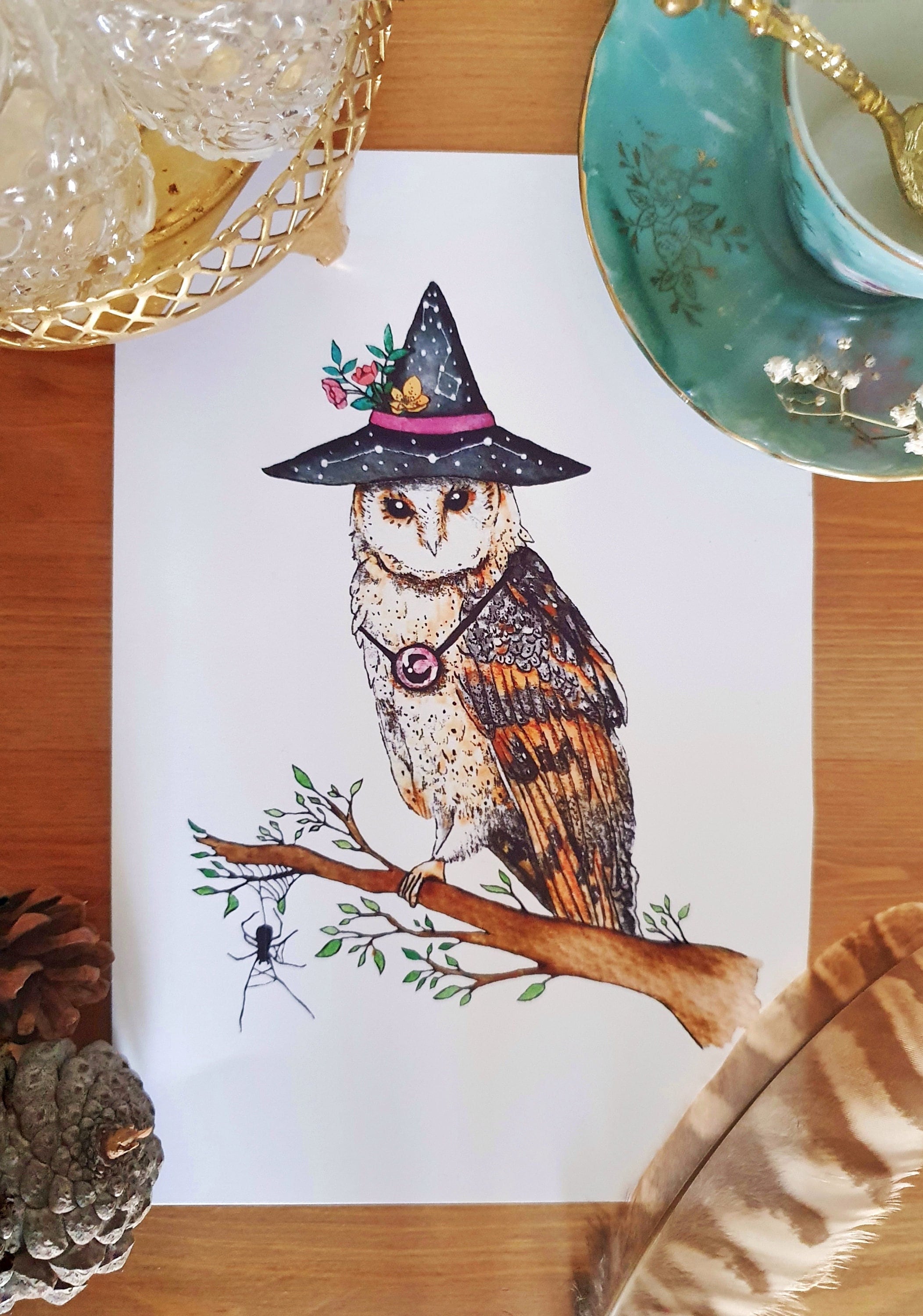 Witch owl and spider print, cottagecore decoration and fantasy art watercolor, fairy tale illustrati