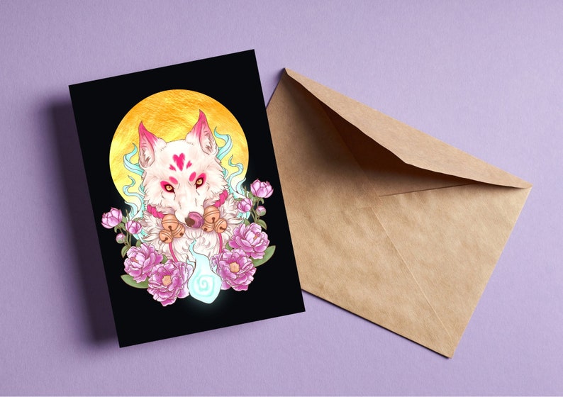May include: A white wolf with pink markings and a glowing blue orb in front of it. The wolf is surrounded by pink flowers and a yellow moon. The background is black.