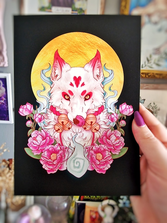 Kitsune A5 art print, fox illustration moon and flowers, japanesse folklore wall art decoration