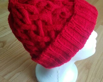 Hand Knitted Red Cable Hat