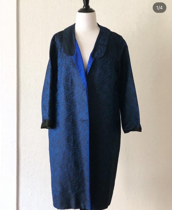 Vintage Blue Satin Jacquard Duster Coat