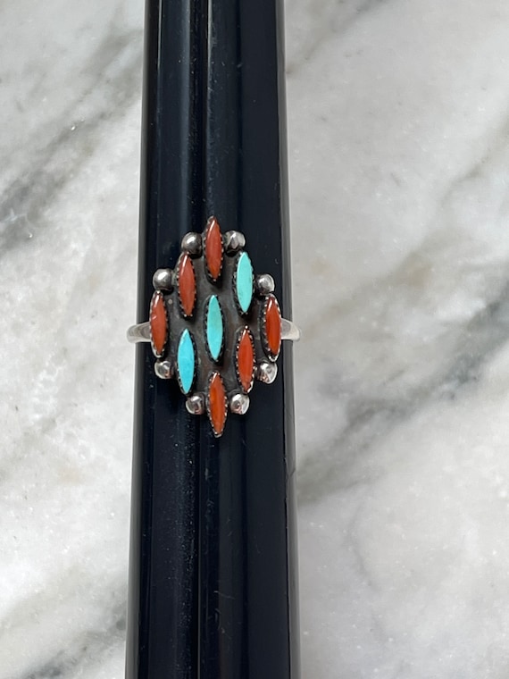 Vintage Zuni Artist Signed Turquoise Coral Ring