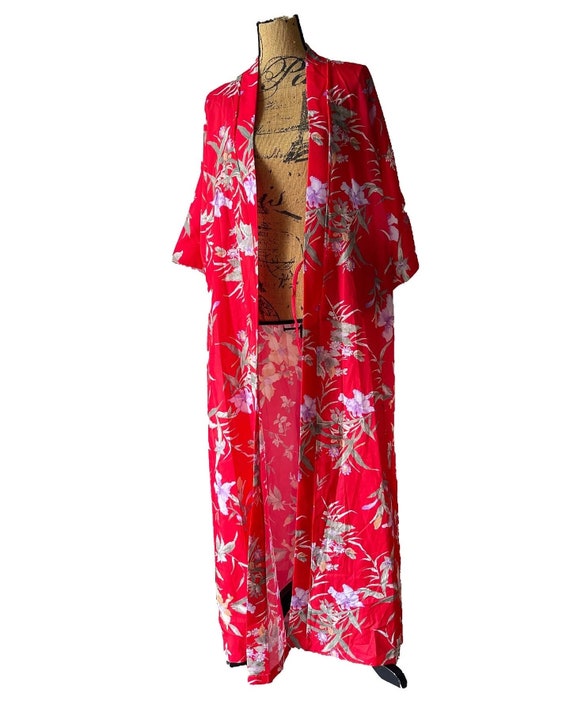 Vintage Long Floral Red Silky Kimono Robe