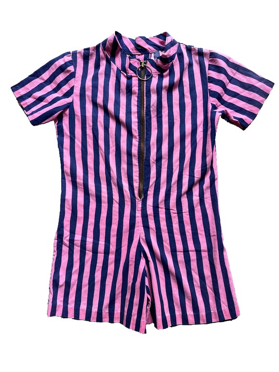 Vintage Pink Striped Handmade Romper with Zipper -