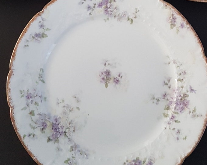 Limoges Porcelain 8.5 Inch Lunch Plates, Set of 3, Purple Flowers, GDA France, CH Field Haviland Limoges