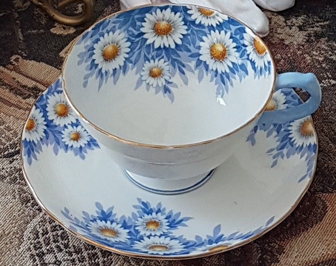 Tea Cup and Saucer, Hand Painted, White Daisy on Blue, Vintage Copeland Grosvenor China, Jackson & Gosling, England, 1930s