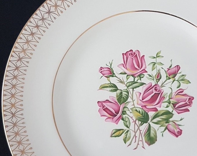 Vintage ROSEWOOD by Staffordshire, Set of 5 Dinner Plates, Pink Roses in Center, 22kt Gold Geometric Design on Rim, Made in England