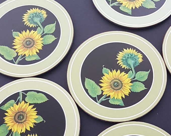 Vintage Pimpernel SUNFLOWER, Boxed 6pc Round Drink Coasters Set, Acrylic Coated, Cork Backed, Made in England