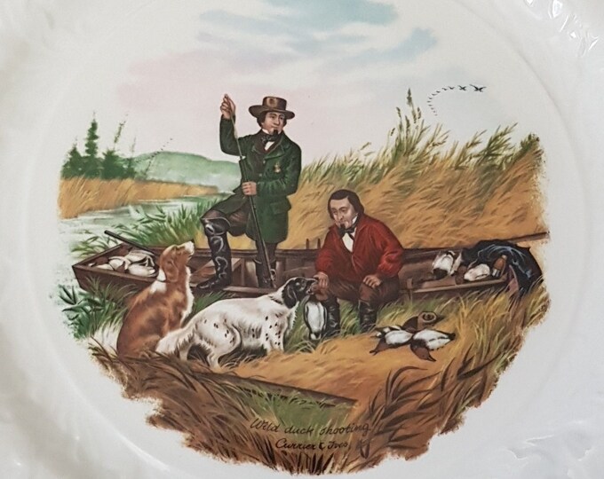 Queens Rosina China WILD DUCK SHOOTING,  Currier and Ives Reproduction, 10.75 Inch Dinner Plate, Embossed Royal Oak, Made in England