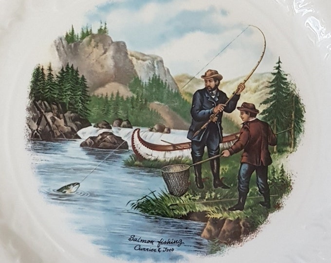 Queens Rosina China SALMON FISHING,  Currier and Ives Reproduction, 10.75 Inch Dinner Plate, Embossed Royal Oak, Decorative Wall Plate