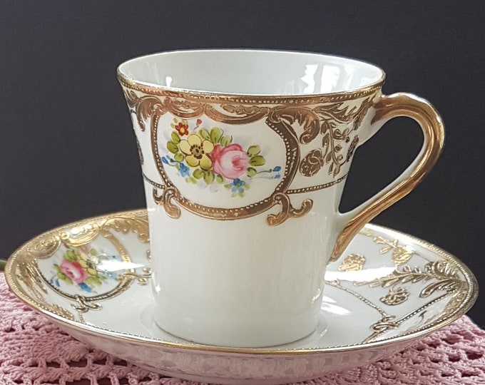 Antique Tea Cup and Saucer, Hammersley Bone China, Hand Decorated, Thick Gold Gild, Dainty Pink Roses