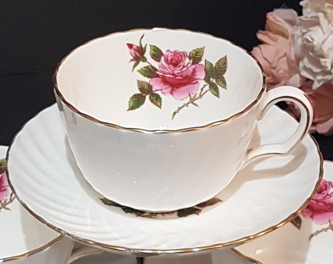 Tea Cup and Saucer, Vintage Northumbria CARLETON ROSE, Hand Painted Pink Roses, White Swirl, Made in England, 1960s