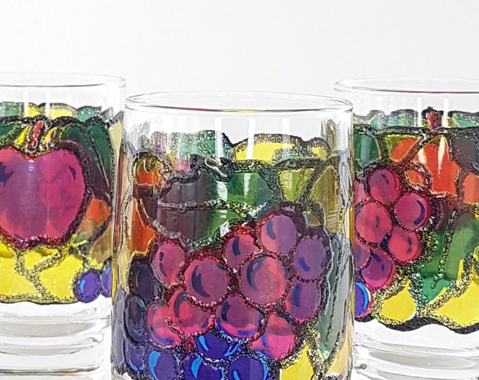 Vintage Libbey 12oz Stained Glass Fruit Tumbler Set of 4 - 1970s Colored Drinking Glasses
