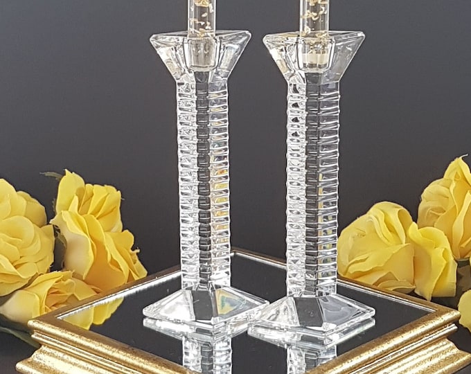 Vintage Crystal Candle Holder Set of 2, Geometric Shape