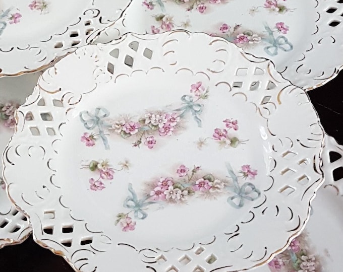 Vintage Porcelain Dessert Plates: Hand-Painted Pink Floral with Blue Ribbon, 6-Piece Elegant Set