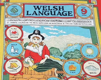 Vintage 100% Cotton Tea Towel, WELSH LANGUAGE, 28x20 Souvenir Tea Towel