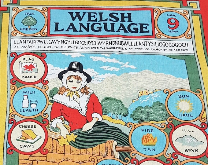 Vintage 100% Cotton Tea Towel, WELSH LANGUAGE, 28x20 Souvenir Tea Towel