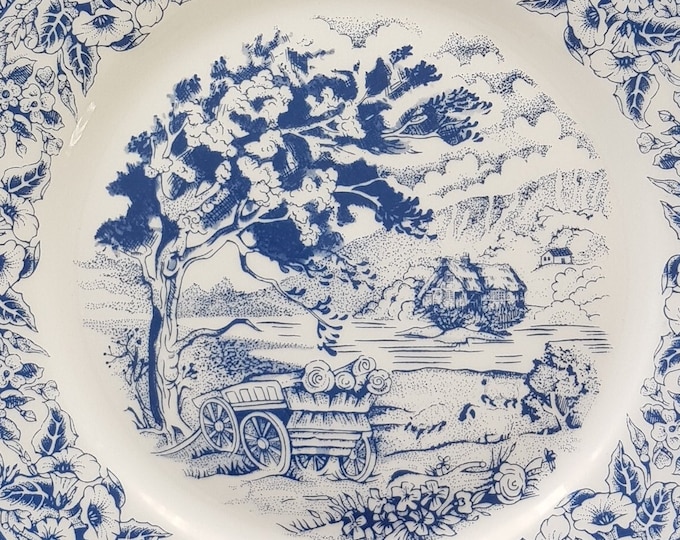 Royal Heritage Fine Porcelain COUNTRY COTTAGE, Vintage 10.5 Dinner Plate, Sets of 2, Cobalt Blue Toile Transferware, 1990s