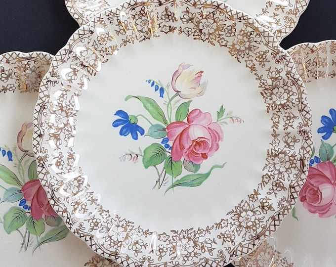4pc Dessert Plates Fairbanks Ward SHARON, Gold Floral Filigree on Rim, Floral Center, Made in USA
