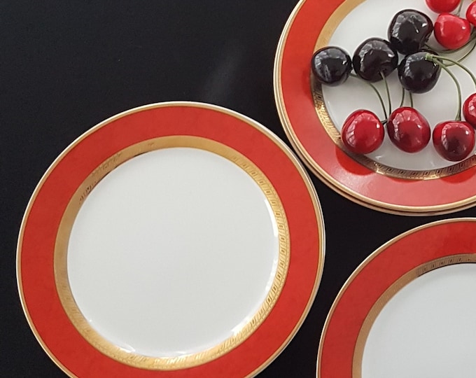 Royal Heritage Fine Porcelain Dessert Plates, 7.5 Inch, Sets of 4, Pattern RHR5, Powder Red Rim, Gold Band