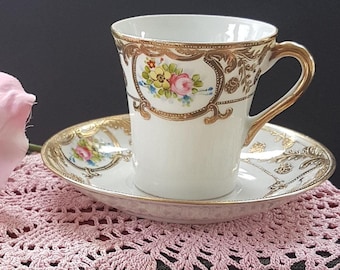 Vintage Nippon Tea Cup and Saucer, Hand Decorated Thick Gold Gild, Dainty Pink Roses