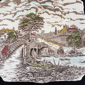 Vintage Myott Son Co ENGLANDS CHARM Square Serving Plate, 10.5 inch, Brown Transferware Square Platter