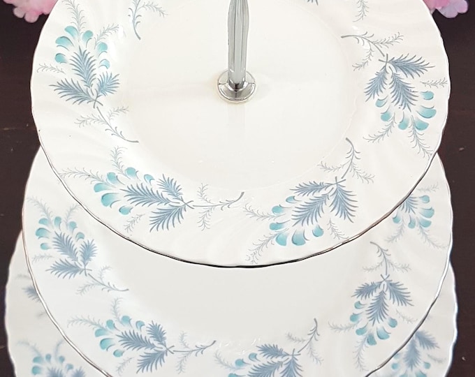 Aynsley 3 Tier Cake Stand Blue White English Bone China Dessert Tower for Weddings, Parties & Gifts