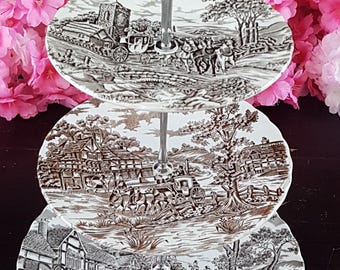 Vintage 3-Tier Brown Transferware Farmhouse Cake Stand for Tea Parties, Desserts & Wedding Centerpieces