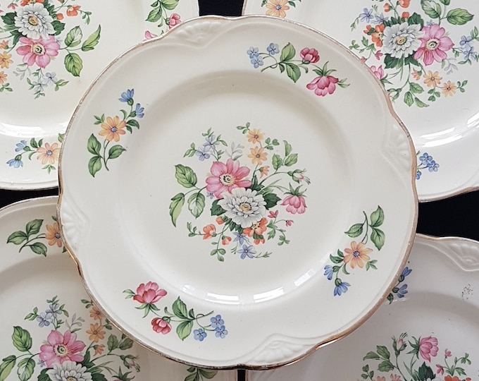 Side Plates, Vintage Homer Laughlin SPRINGTIME, Virginia Rose Shape, 6 Inch, Set of 5 Side Bread Dessert Plates, 1950s