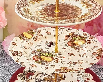 Farmhouse 3-Tier Cake Stand Brown Transferware Dessert Stand Thanksgiving Centerpiece
