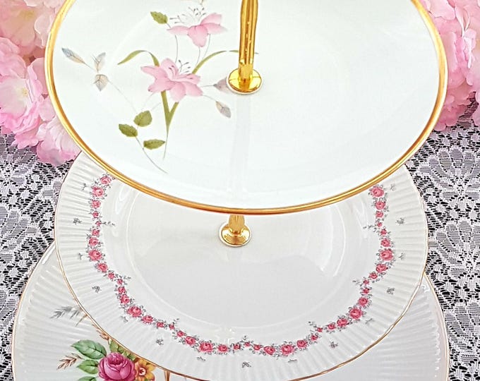 Handmade Pink Floral 3 Tier Cake Stand, Afternoon Tea Dessert Sandwich Tray