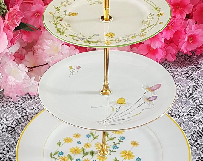 3-Tier Yellow Floral Cake Stand: Handmade Centerpiece for Tea Parties, Weddings, and Buffets