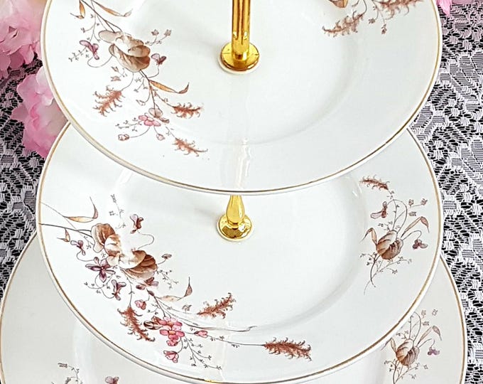 Antique Porcelain 3 Tier Cake Stand: Floral Dessert Serving Tray