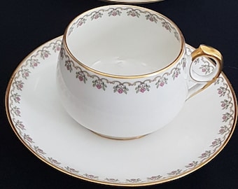 Vintage Haviland Limoges Tea Cup Set: Pink Floral Garland, Gold Trim (Set of 4)