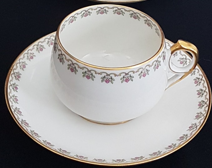 Haviland Limoges Tea Cup and Saucer Set, Vintage Tea Party Set for 4, Schleiger 102000, Made in France, Exported to Eatons Canada, 1940s