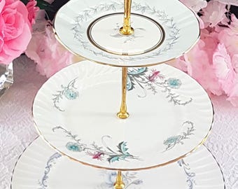 Handmade Mismatched Bone China 3-Tier Cake Stand: Vintage English Plates