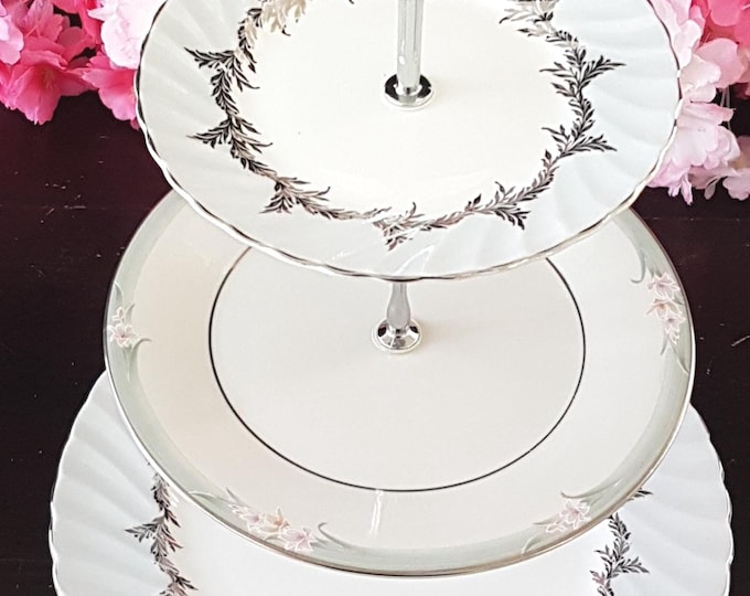 Elegant 3-Tier Gray & Silver Bone China Porcelain Cake Stand for Weddings