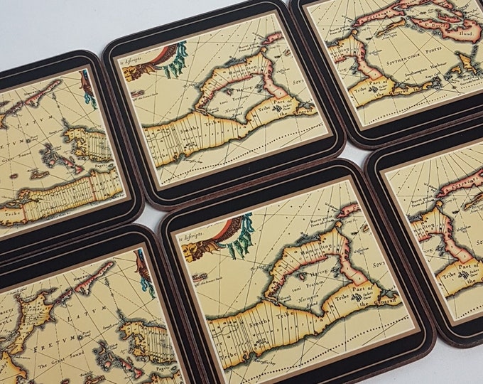 Vintage Pimpernel BERMUDA MAP, Boxed 6pc Square Drink Coasters Set, Acrylic Coated, Cork Backed, Made in England