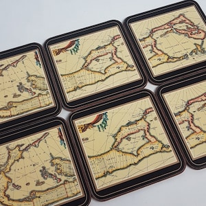 Posavasos cuadrados vintage Pimpernel con mapa de Bermudas, en caja (6 piezas), con revestimiento acrílico y base de corcho, fabricados en Inglaterra.