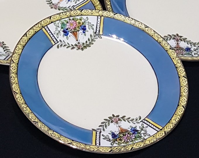 Antique Hand Painted Dessert Plates, Noritake Japan, Set of 6, Yellow and Blue with Flowers in Urn, 1920s