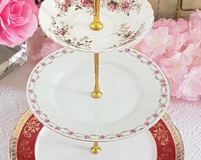 Elegant 3-Tier Cake Stand: Pink Burgundy Handmade Dessert Tray for Tea Parties, Weddings & Gifts