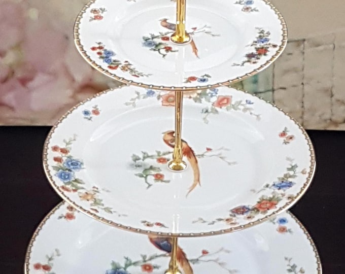 3 Tier Cake Stand MZ Altrohlau Golden Pheasant Tiered Plate Dessert Stand, Bird Floral Porcelain Serving Tray