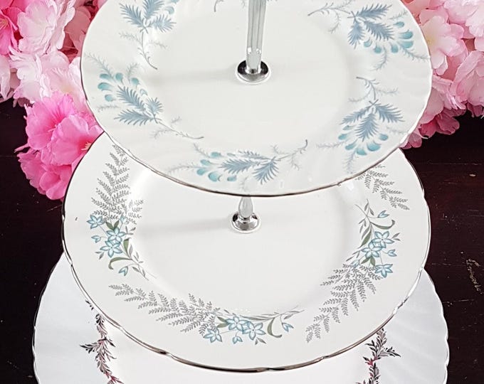3-Tier Bone China Cake Stand: Blue, White & Gray Vintage Plates