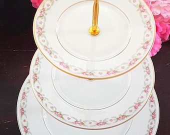 Antique Rose Porcelain Cake Stand: 3-Tier Silesia Germany, Gold Hardware