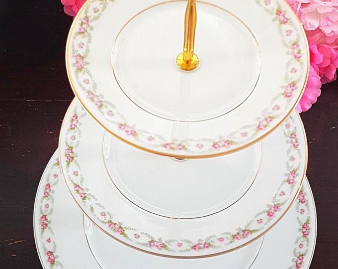 Elegant 3-Tier Antique Rose Porcelain Cake Stand - Bridgerton-Inspired Dessert Serving Tray for Weddings or Gifts