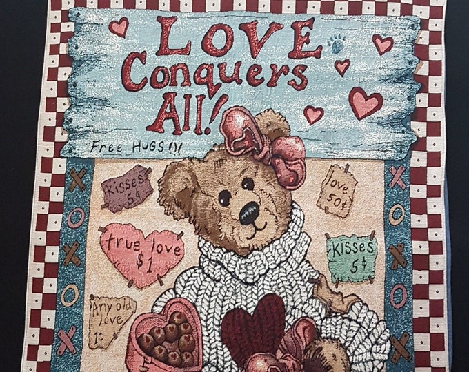 Vintage Boyds Bears LOVE CONQUERS ALL Woven Wall Hanging Tapestry, Rod Pockets